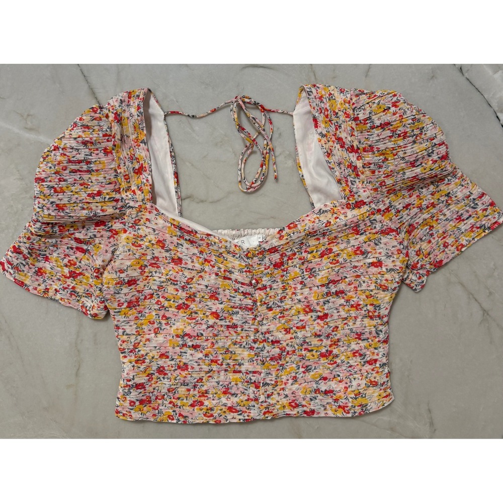 ASTR The Label Floral Pleated Crop Top Pink Red Multi Square Neck AT17552 Small